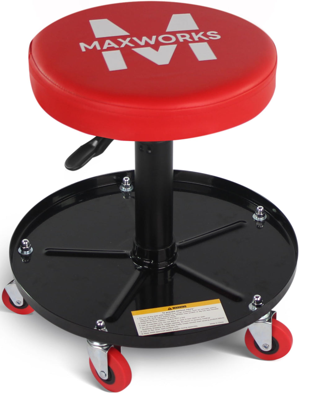 MaxWorks 80771 pneumatic roller seat with adjustable height for comfortable garage tasks.