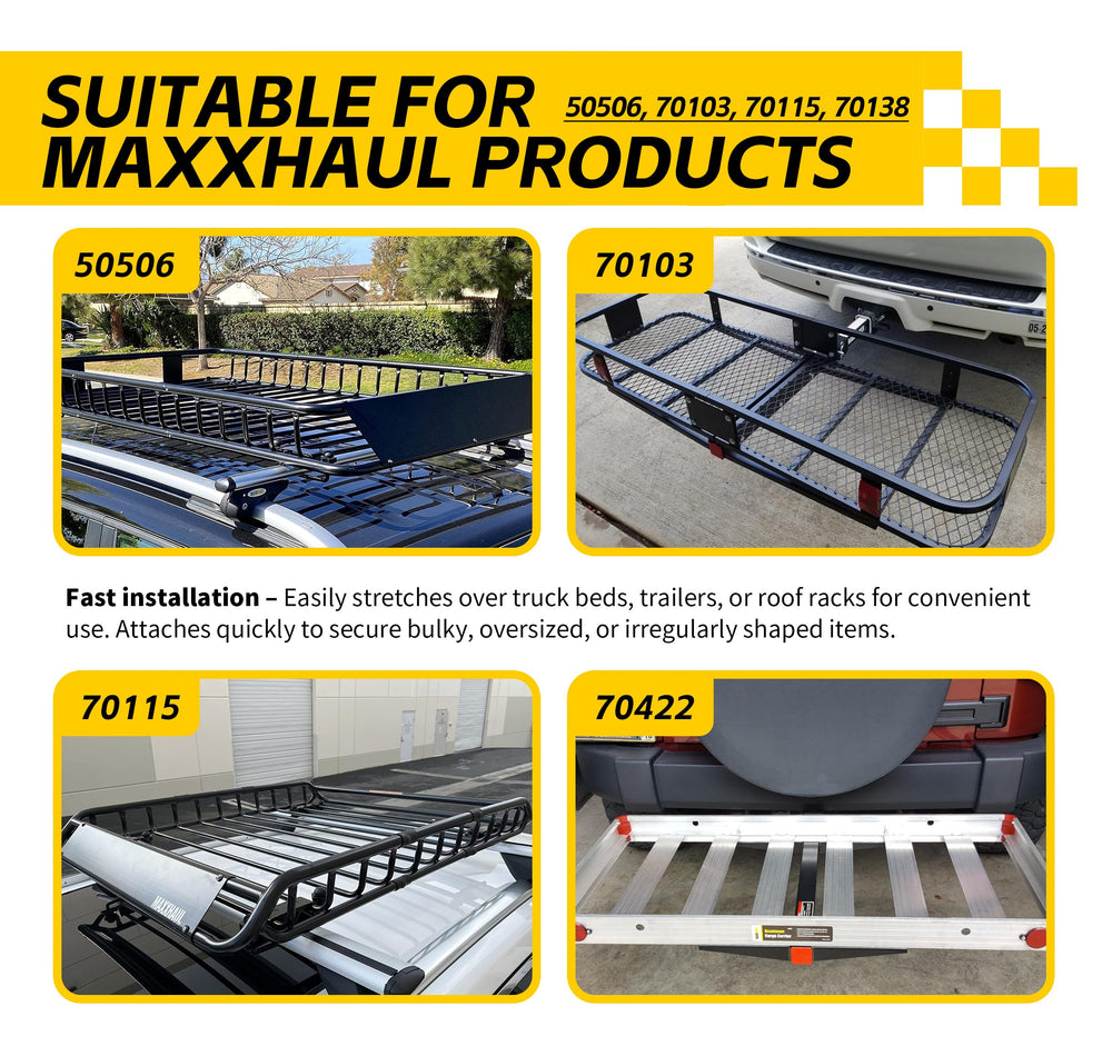 MAXXHAUL cargo net stretched to 72x120 secures bulky gear during travel.