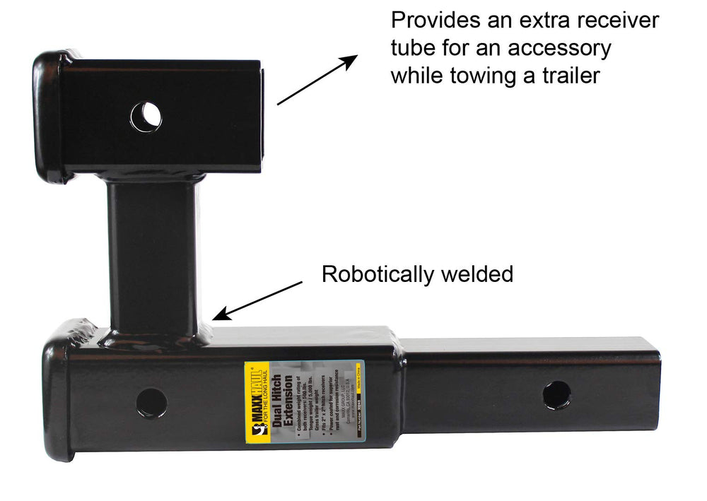 MAXXHAUL dual hitch extension with durable powder-coated finish for weather resistance.
