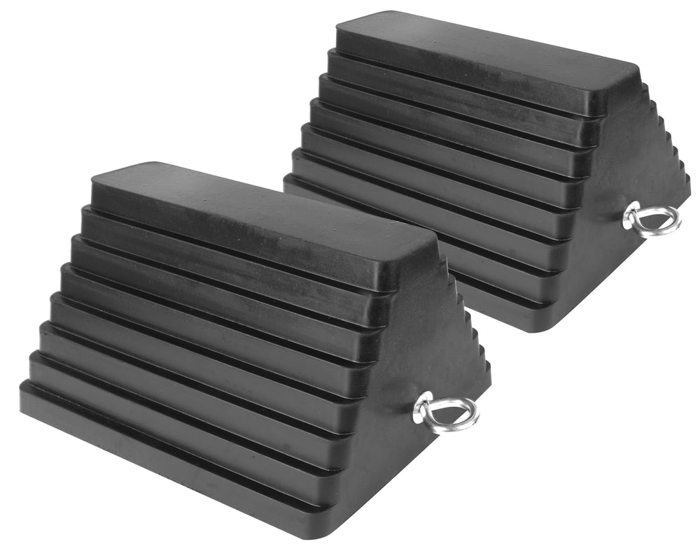 MaxxHaul rubber wheel chock 2-pack front view demonstrates heavy-duty grip for secure parking.