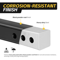 MAXXHAUL hitch riser shows triple-pin holes for precise alignment and bumper clearance.