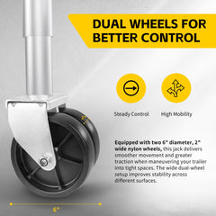 MaxxHaul trailer jack with swing-back design for clutter-free storage.