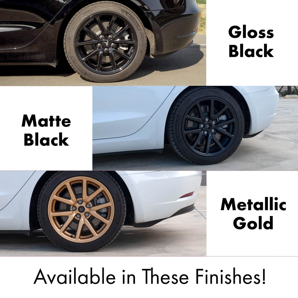 Mayde 18-inch Tesla wheel cover assembled on car demonstrates integrated look.