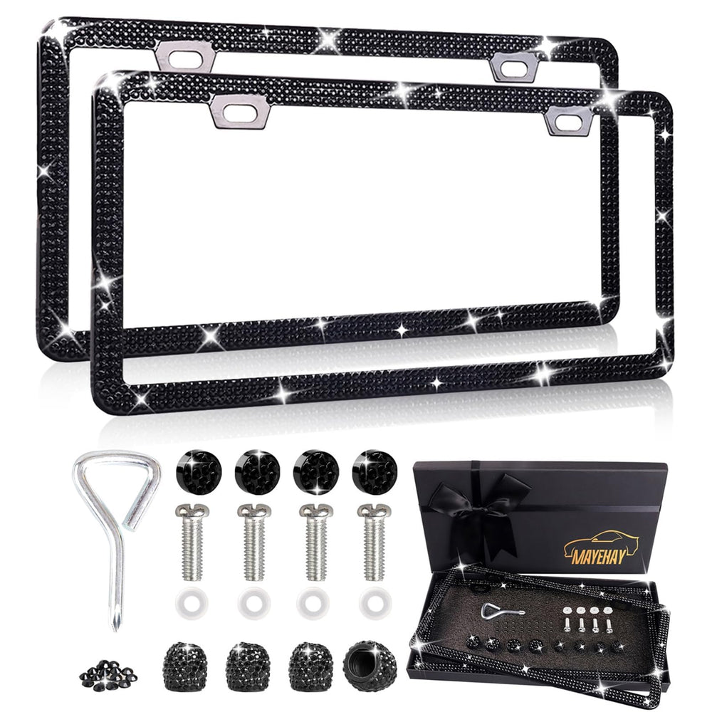 MAYEHAY rhinestone license plate frame close-up highlights glass diamonds and durability.