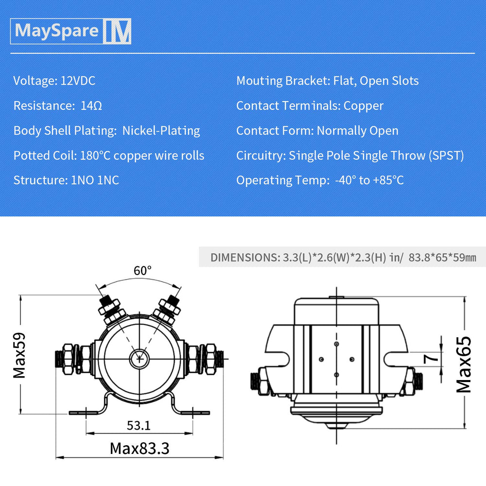 MaySpare Max 300A solenoid relay side view shows rugged 12VDC switching