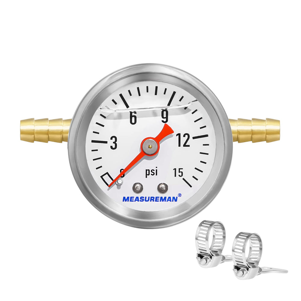 MEASUREMAN fuel pressure gauge kit dial shows precise 0-15 psi range for quick diagnostics.