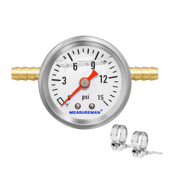MEASUREMAN fuel pressure gauge kit dial shows precise 0-15 psi range for quick diagnostics.