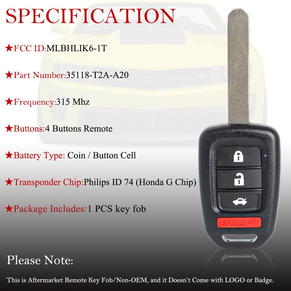 MechanMagic key fob remote for Honda Accord front view, fits 2013-2015.