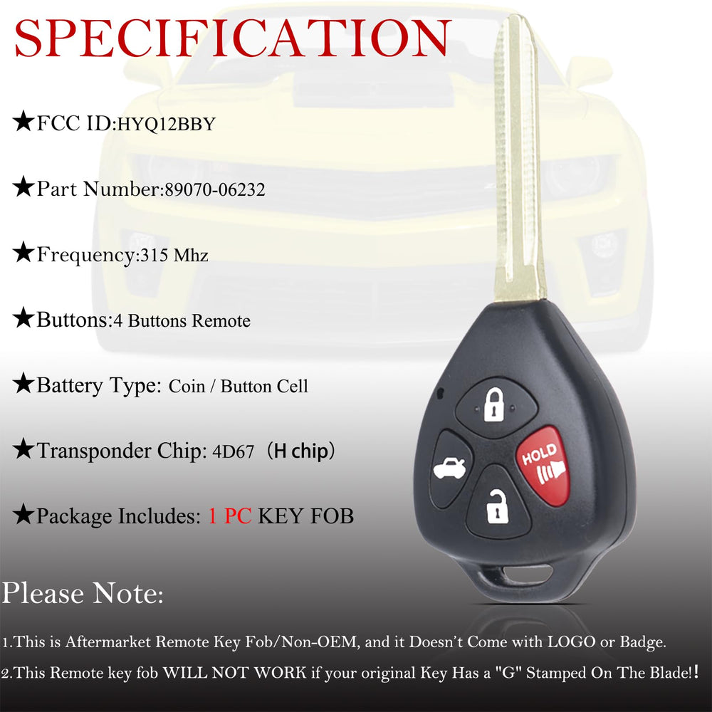 MechanMagic Toyota Corolla fob, front view, fits HYQ12BBY, easy replacement