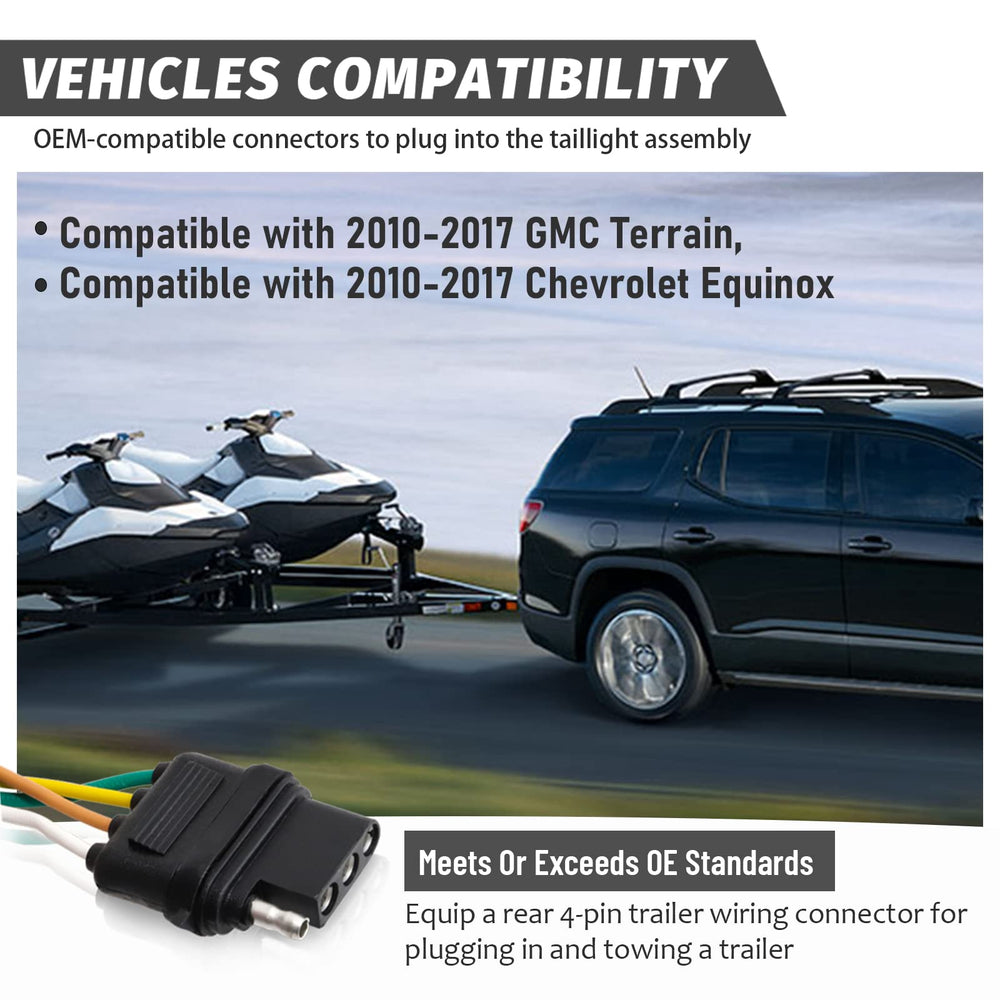MECMO 4-pin harness for GMC Terrain demonstrates plug-and-play installation behind the tail light.