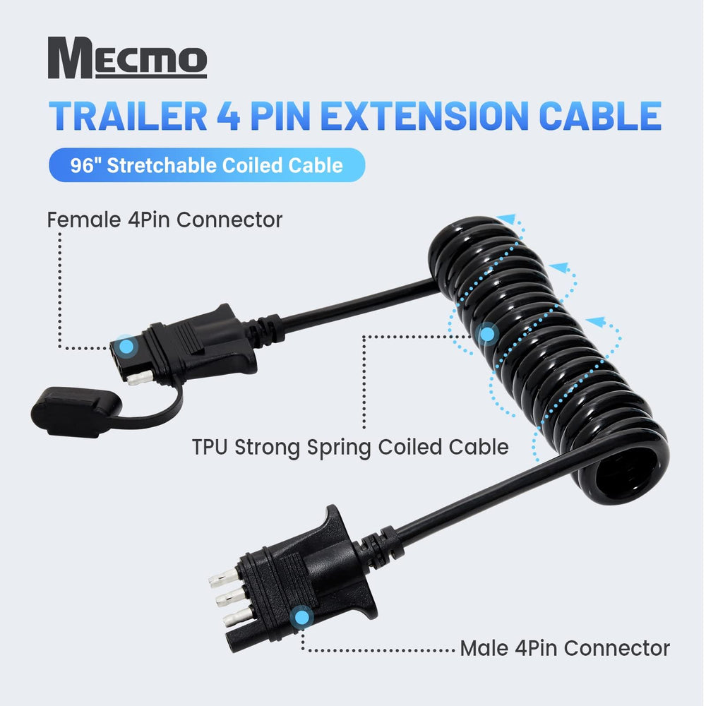 MECMO 4-pin flat trailer extension fits vehicle-side connectors on standard trailers.