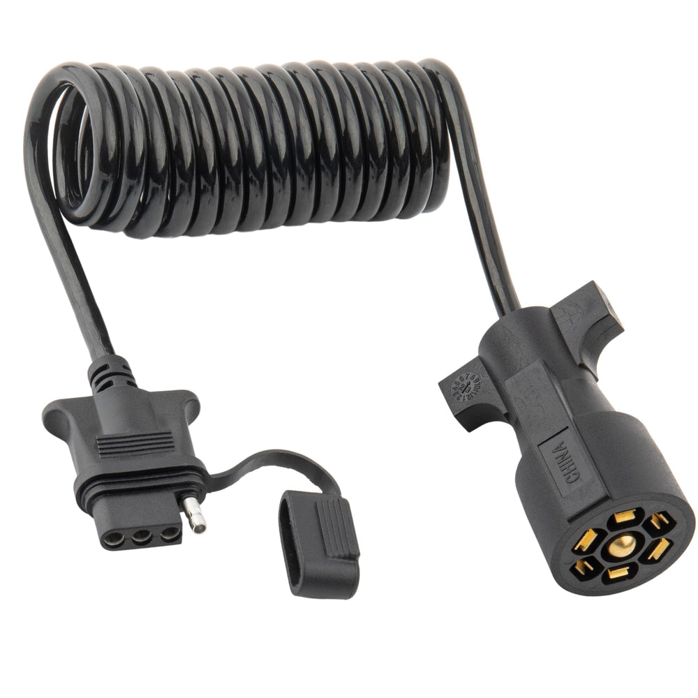 MECMO 7-to-4-pin trailer adapter with coiled cable extends towing reach.