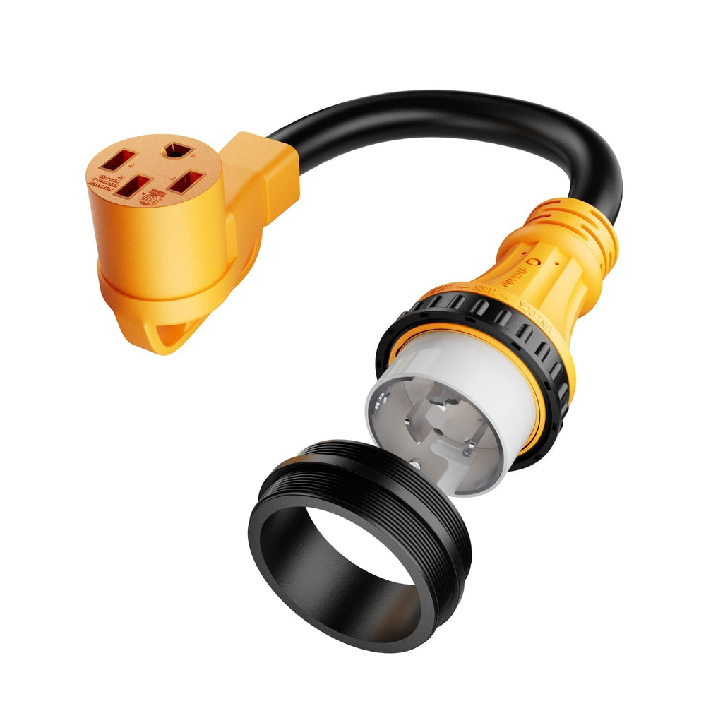 MECMO SS2-50P to 14-50R connector at marina shore power setup for RV and Tesla EV
