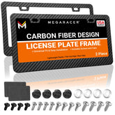 Mega Racer carbon fiber license plate frame front view with universal fit for most cars