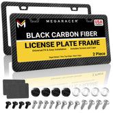Mega Racer carbon fiber license plate frame, front view, rust-resistant design adds subtle sport style.