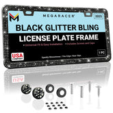Mega Racer Elegant Bling License Frame front view shows 800 black rhinestones for glam