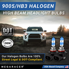 Mega Racer high-beam 9005 bulb enhances brightness and road contrast.