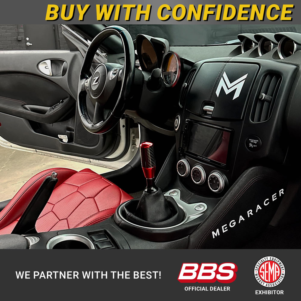 Mega Racer shift knob with JDM-style red finish suits Japanese, European, and American cars for broad compatibility.