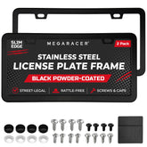 Mega Racer matte black license frame with slim edges unobstructing the state name