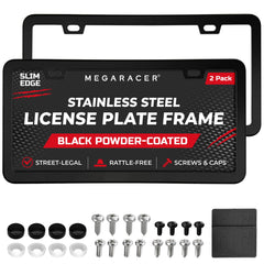 Mega Racer matte black license frame with slim edges unobstructing the state name