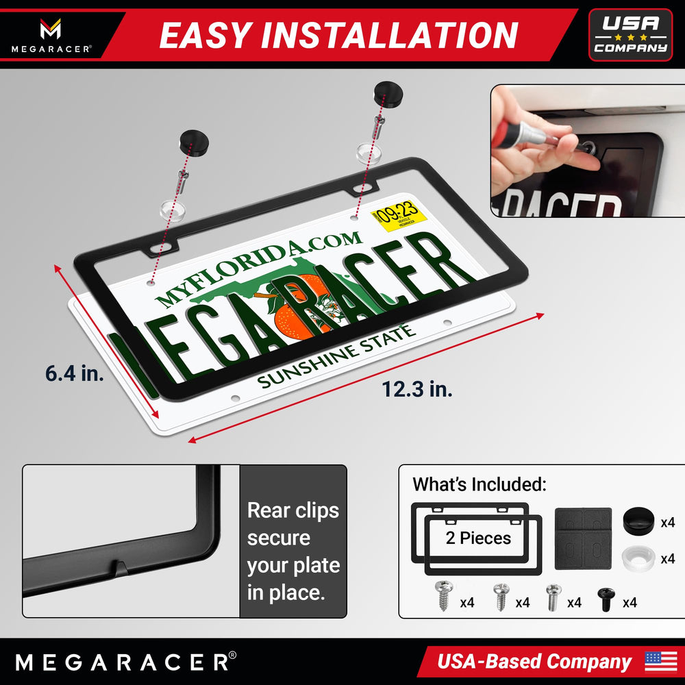 Mega Racer license frame rattle-proof design reduces vibrations