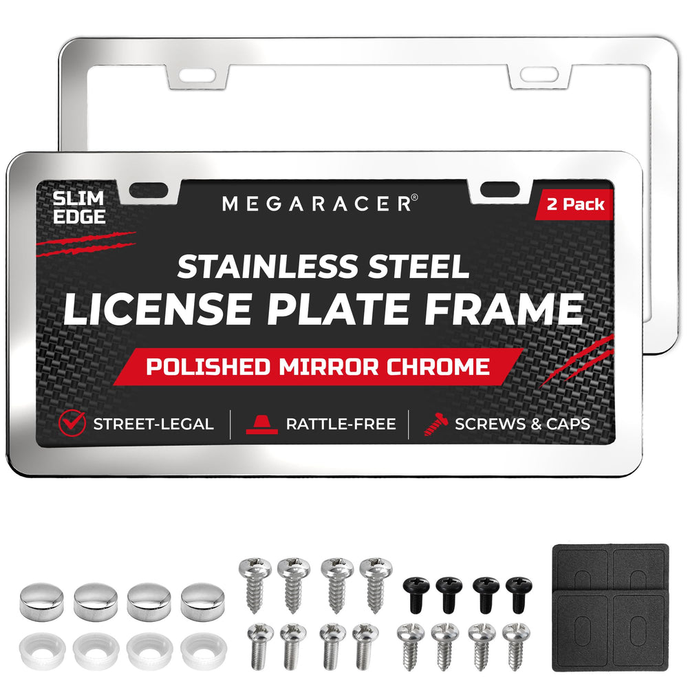 Mega Racer polished mirror license frame front 2-hole enhances sleek street-legal look