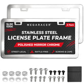 Mega Racer polished mirror license frame front 2-hole enhances sleek street-legal look