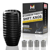 Mega Racer carbon fiber shift knob with glossy finish; enhances grip.