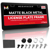 Mega Racer premium matte black license plate frame front close-up, durable finish.