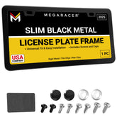 Mega Racer front view: premium slim matte license frame for a clean street-ready look