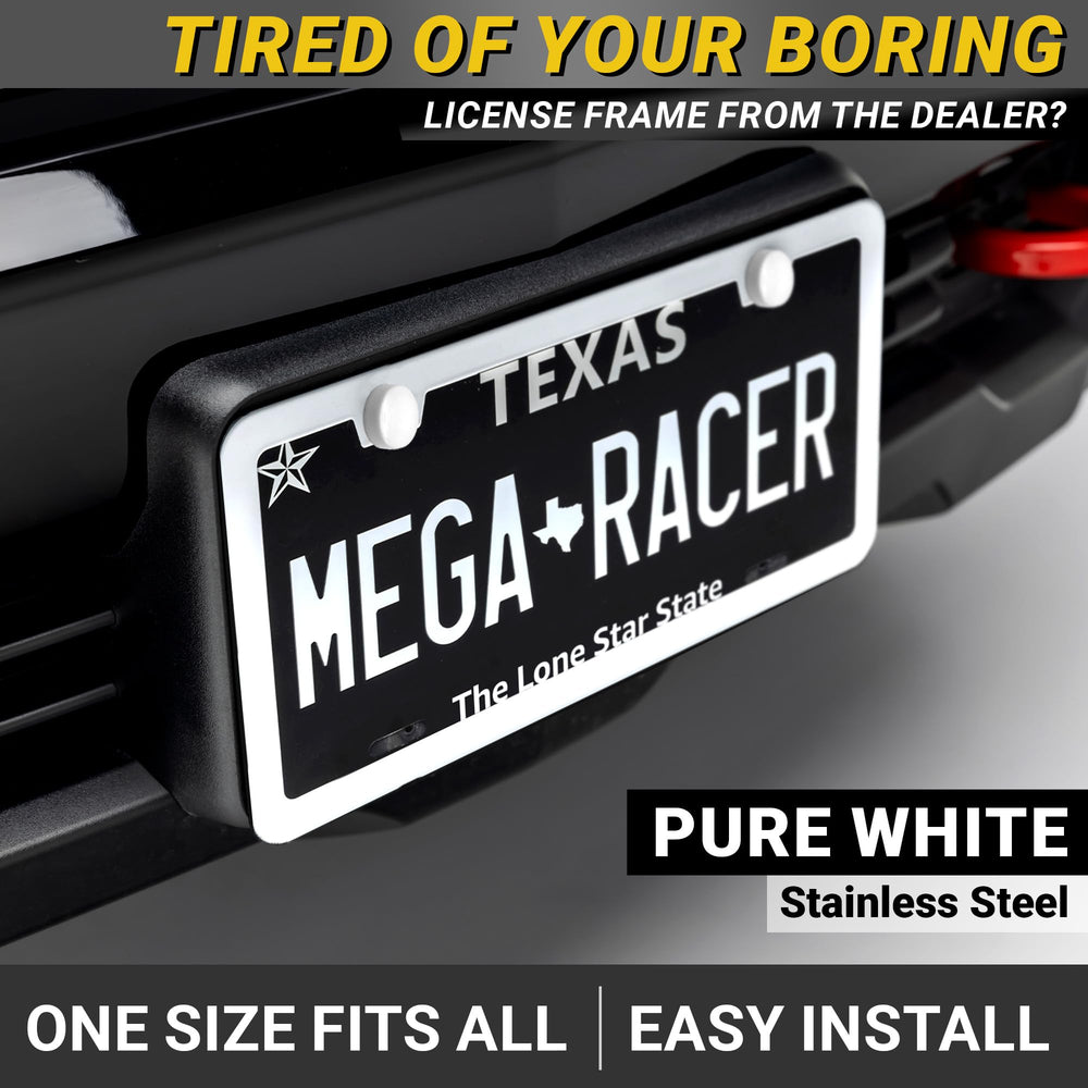 Mega Racer license frame rear view showing secure, rattle-free fit with foam pads