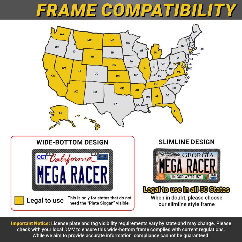 Mega Racer rust-resistant license plate frame, back, reliable under car washes and rain.