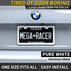 Mega Racer slim license frame fits sedans, trucks, and SUVs with minimal bulk and style.