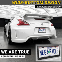 Mega Racer slim-top license plate frame, front view, keeps state names visible.