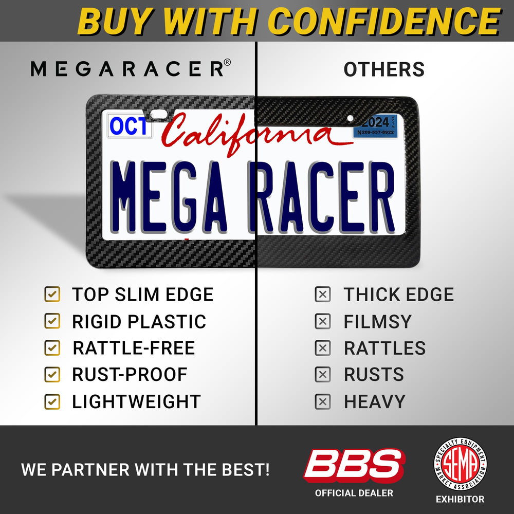 Mega Racer thin top edge design on license plate frame for a clean look