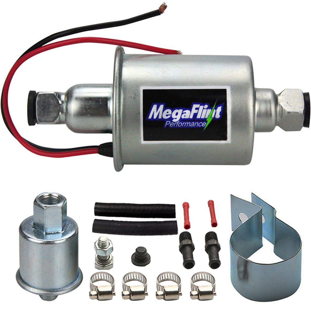 Megaflint inline fuel pump exterior view shows sturdy build for reliable 12V operation.