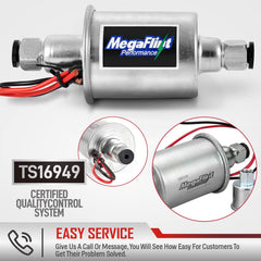 Megaflint inline fuel pump packaged kit ready for 12V vehicles and boats.