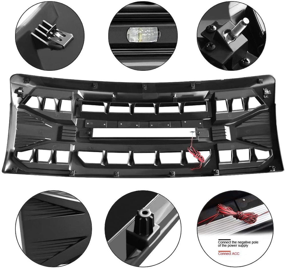 MEGAIE package includes wiring harness and installation bolts for F-150 grille
