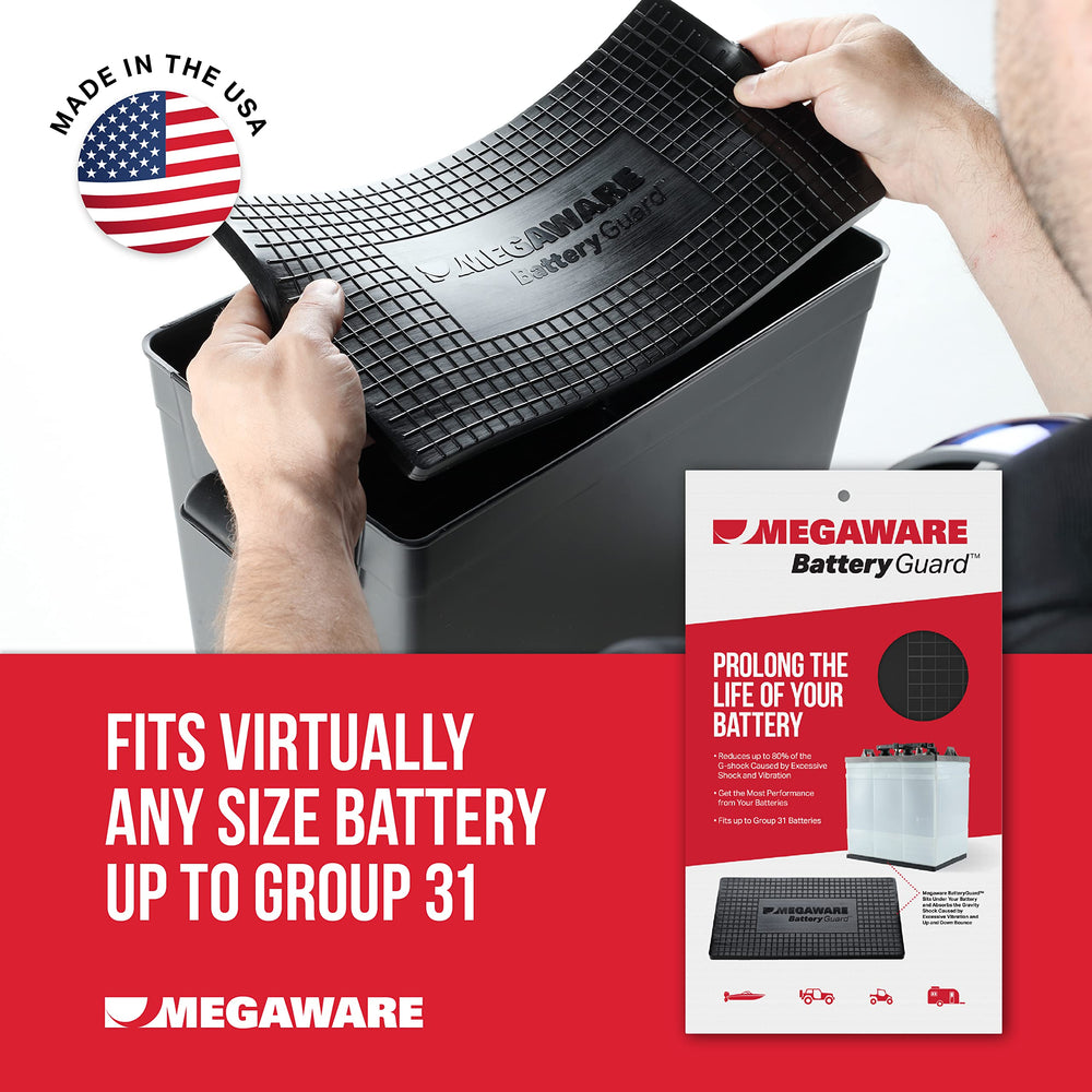 KEELGUARD BatteryGuard Protector inside an RV battery bay for secure placement.