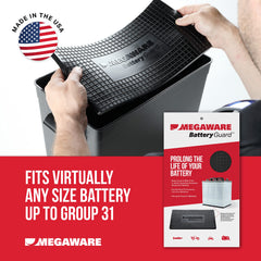 KEELGUARD BatteryGuard Protector inside an RV battery bay for secure placement.