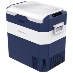 Megiu 12V refrigerator front view highlights compact portable design for road trips.