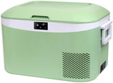 Megiu 12V car freezer front view shows compact travel-ready design.