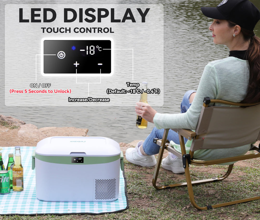 Megiu 12V portable refrigerator durable ABS shell withstands rough road conditions.