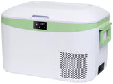 Megiu 12V portable refrigerator front view for car use, showcasing compact design.