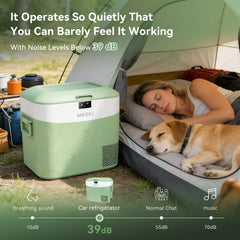 Megiu car fridge interior with removable basket for organized storage.