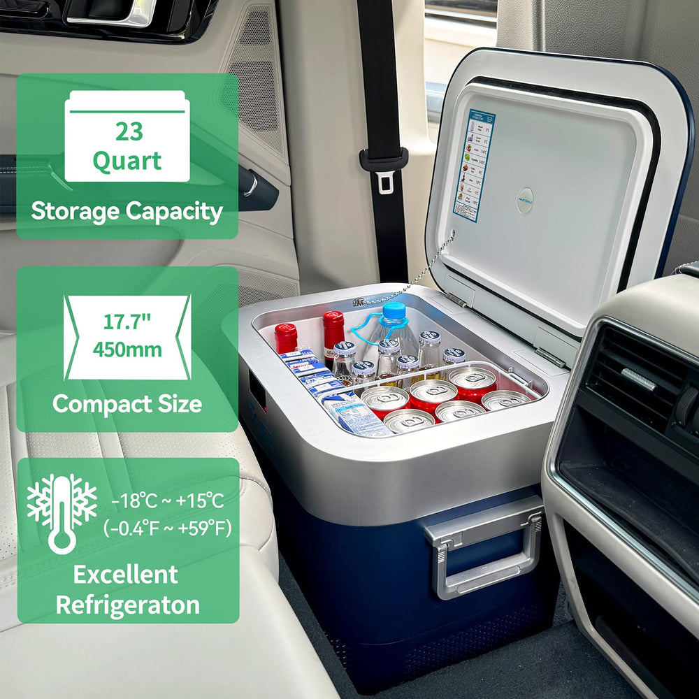 Megiu car refrigerator with lid open, interior organization for snacks
