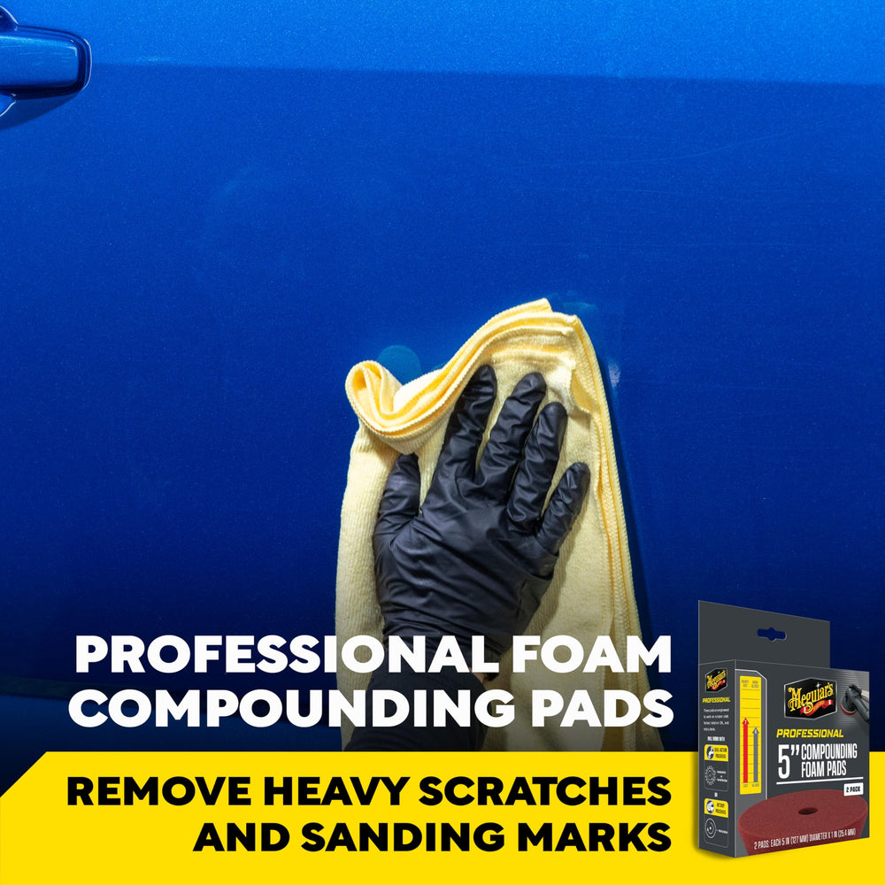 Meguiar's 5-inch foam compounding pad tackling heavy defects with a polisher