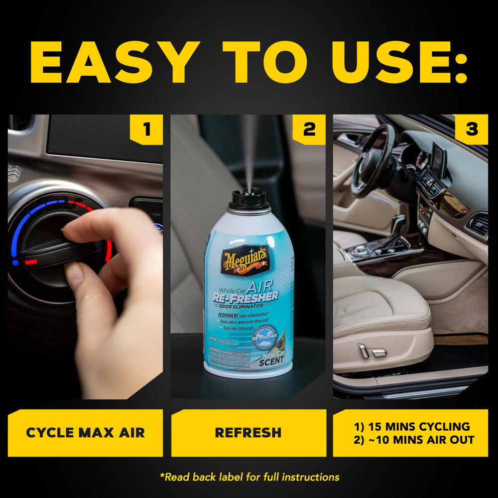 Meguiar's usage steps demonstrated for safe in-car application.