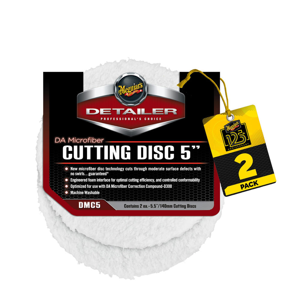 Meguiar's DMC5 DA 5-inch cutting disc face demonstrates microfiber action for defect removal.