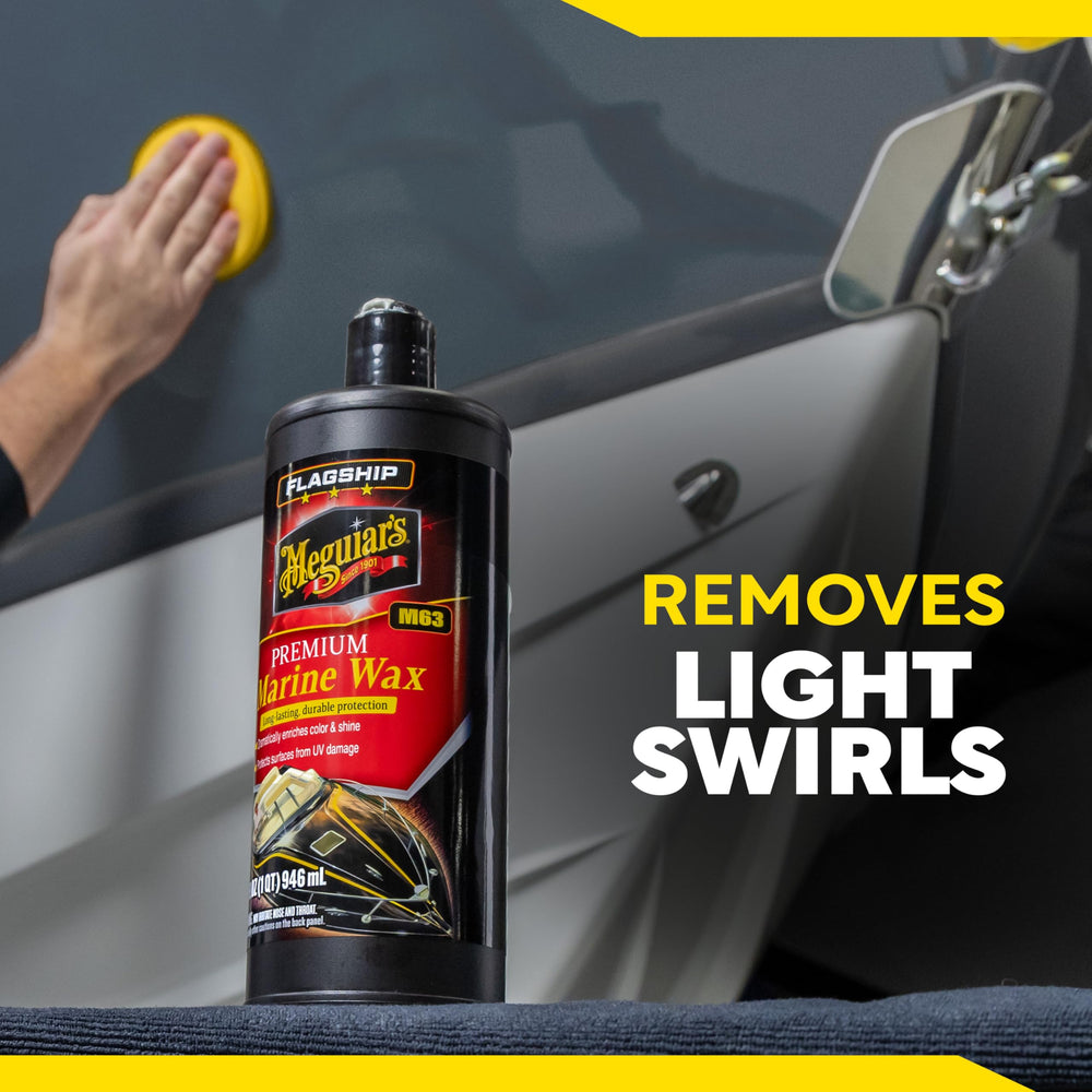 Meguiar's Flagship Marine Wax works with dual-action polisher for professional results.